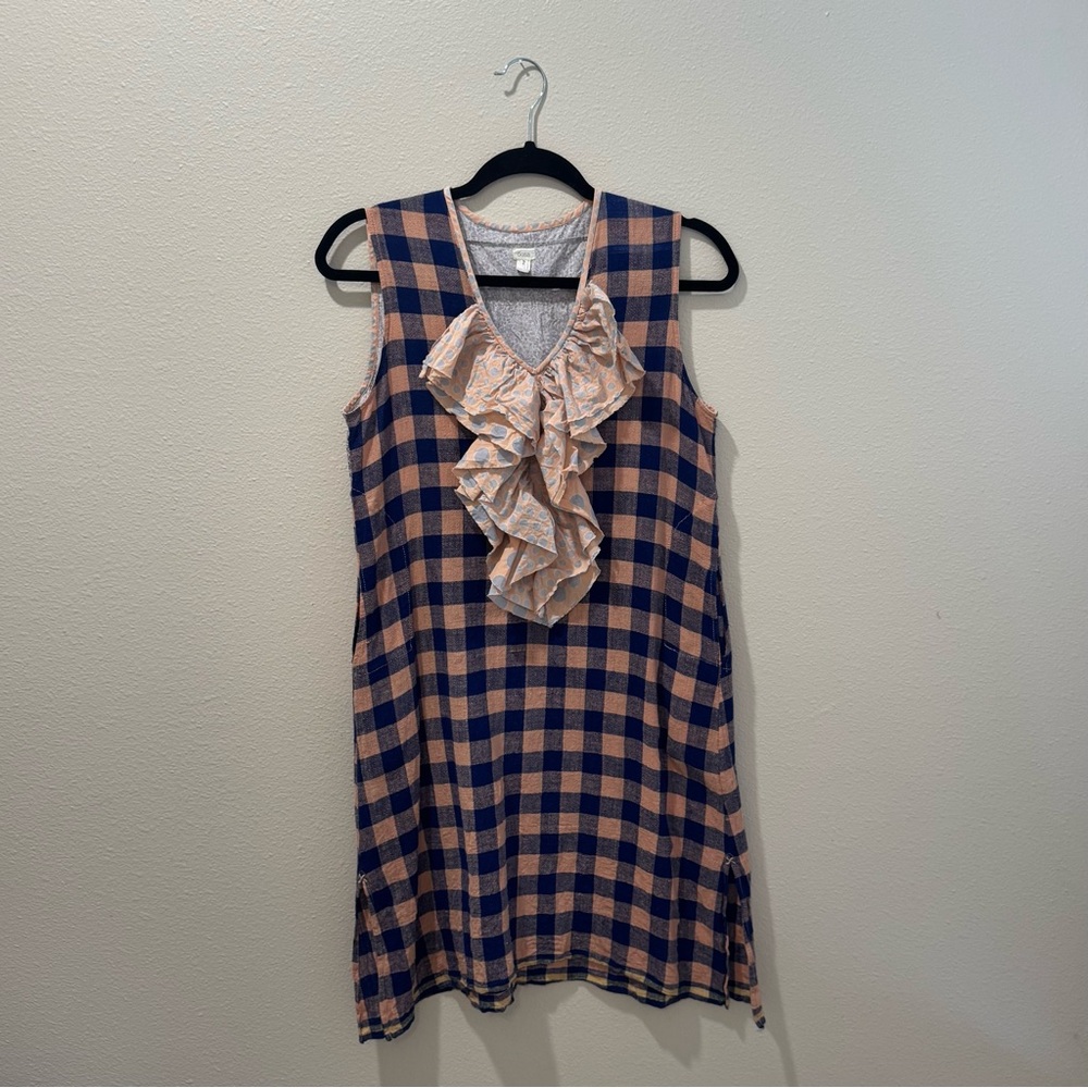 Sleeveless Gingham Mini Dress with Ruffle Front - Navy & Peach